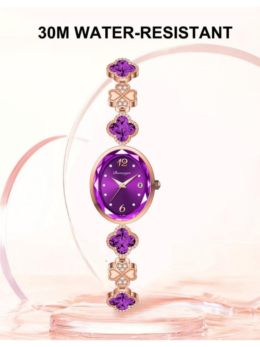 Women's Purple Vintage Oval Adjustable Bracelet Petal-Link Quartz Dress Watch - Picture 5 of 6